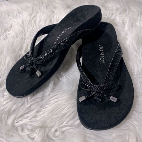 VIONIC Bella II Lizard embossed strap flipflop thong bow detail silvertone cap - Picture 10 of 10